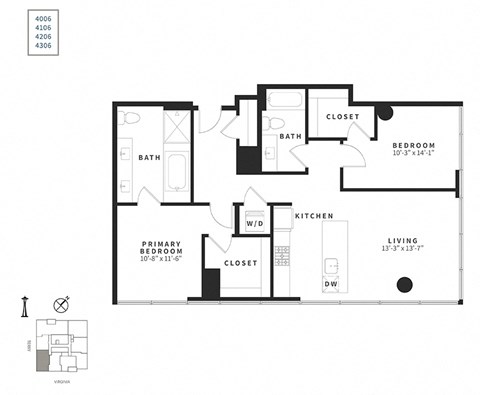 Floor plan for 2 beds, 2 baths, 1145 sqft